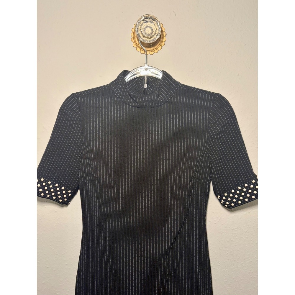 Karl Lagerfeld Paris Black Pinstripe Studded Cuff Mock Neck Sheath Dress 0